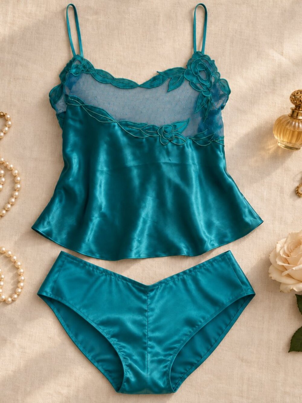 VTG SET Victorias Secret Gold Label Cami Tank Top Green Satin Lace w' Bottom L
